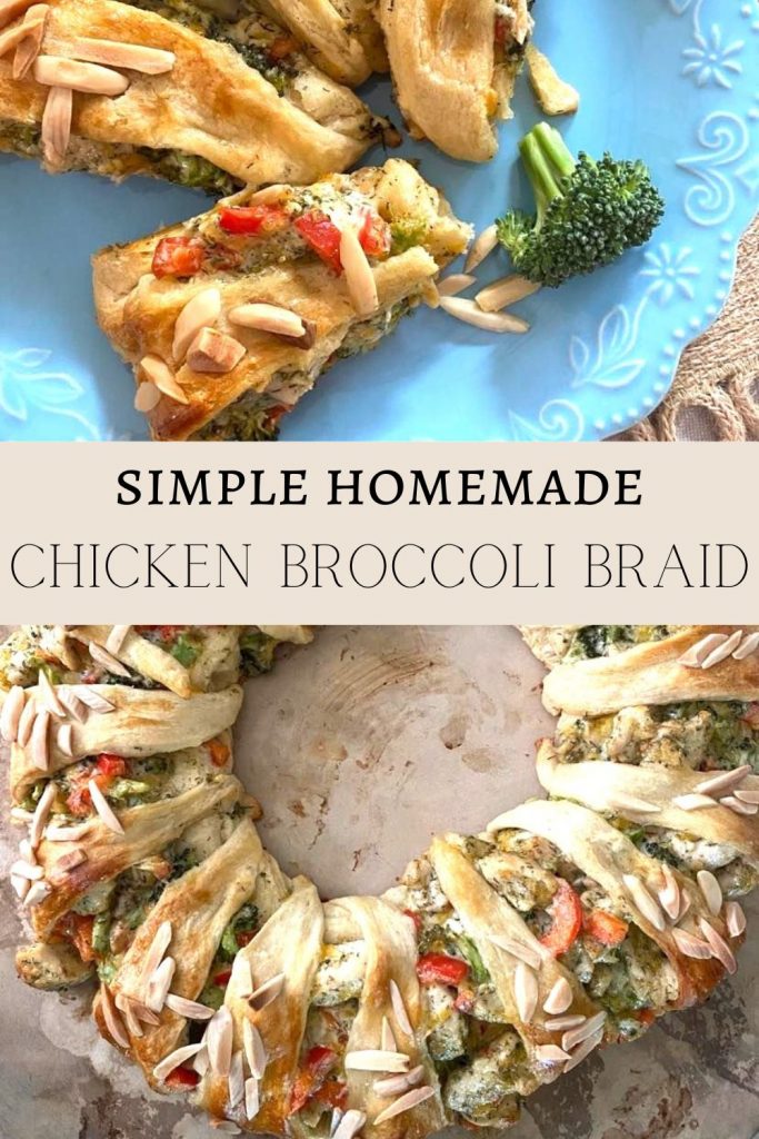 A pin image of sliced broccoli braid on a blue plate and a close up of assembled broccoli braid on a baking stone
